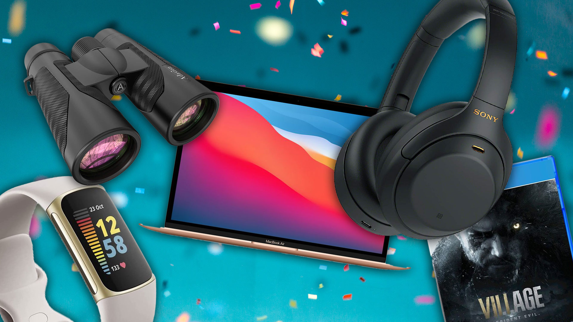 headphones, fitness watches and laptop on starry background